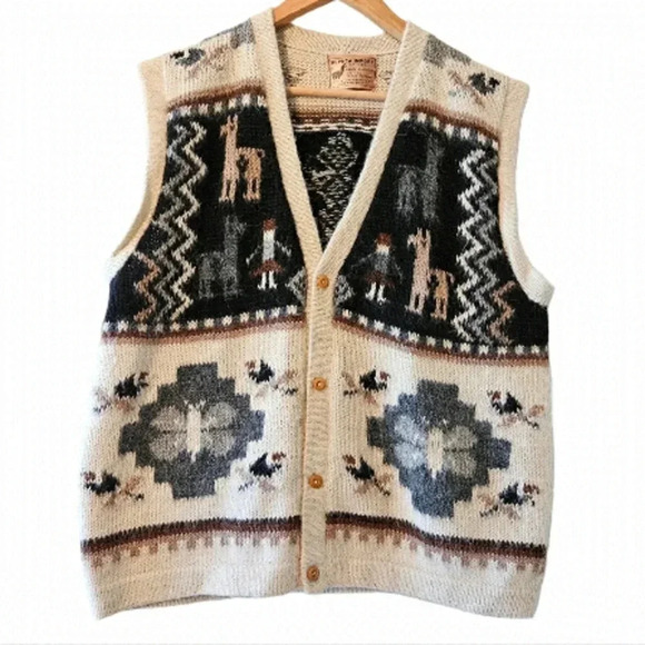 Alpaca Import Peruvian Hand Made Knitted 100% Alpaca Aztec Boho Y2K Vest Sz L - Picture 2 of 11